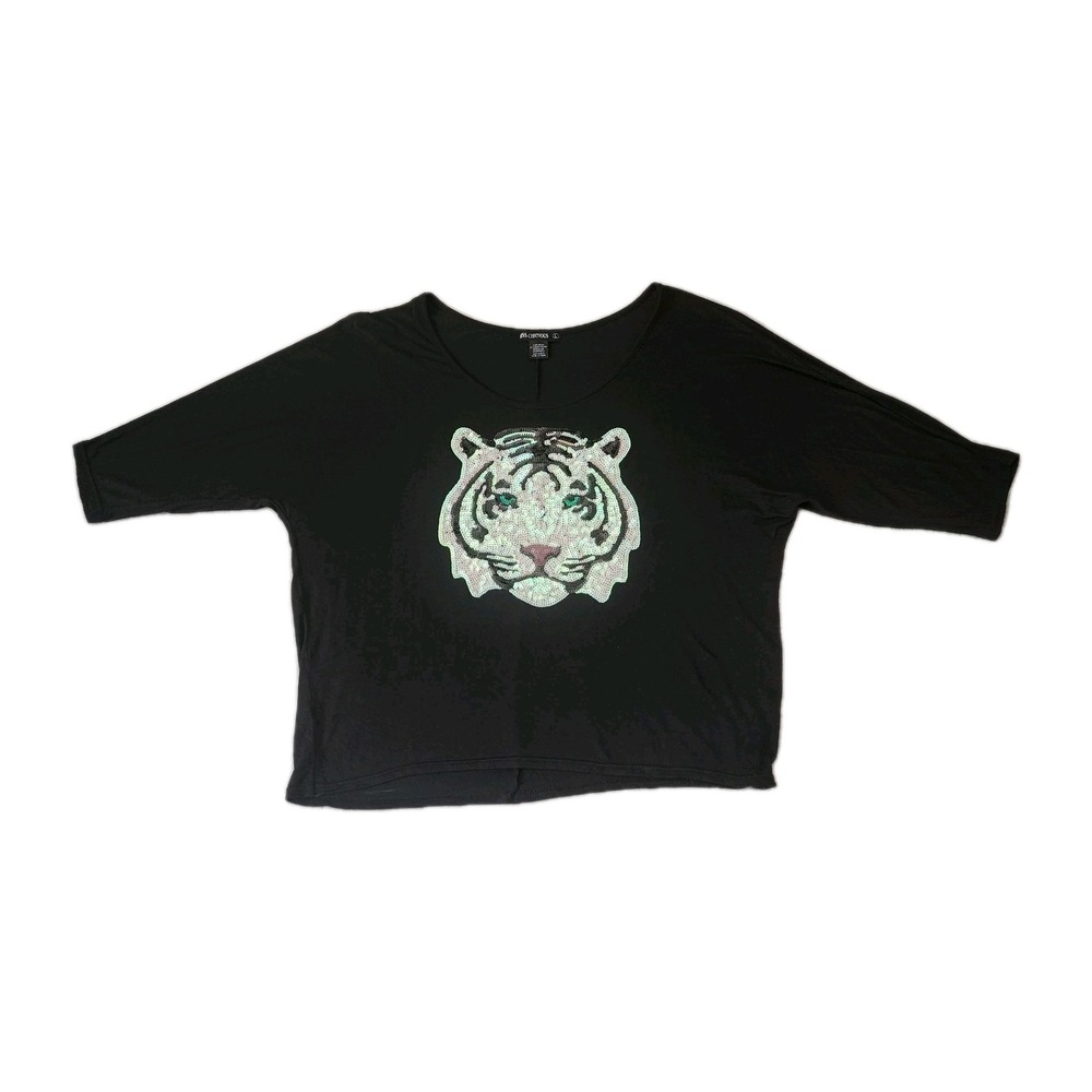 Women's Black 3/4 Sleeve T Shirt Tiger Sequin‎ Graphic Print Top Large